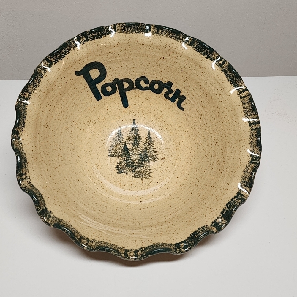VTG Popcorn Bowl Three Rivers Pottery Winter Pines 1991 "Sheila"USA Lodge 10.5"